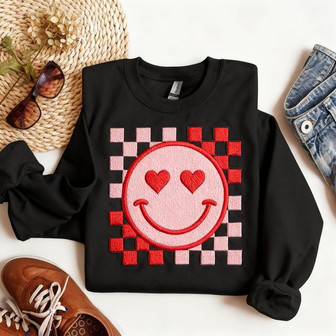 Y2K Happy Checkerboard Vibes - Embroidered Sweatshirt - Thegiftio
