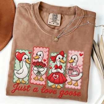 Romantic Love Goose Embroidered Comfort Colors T-shirt Gift - Thegiftio UK