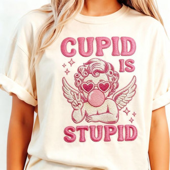 Anti-Valentine Cupid Is Stupid Embroidered Comfort Colors T-shirt - Thegiftio UK