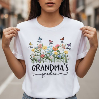 Custom Grandma's Birth Flower Garden Embroidered Unisex T-Shirt - Thegiftio