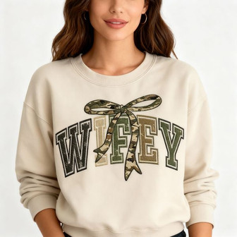 Chic Camo Coquette Bow Wifey Embroidered Sweatshirt Gift - Thegiftio UK