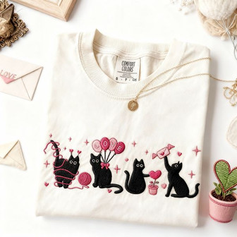 Amusing Cat Valentine's Day Embroidered Comfort Colors T-shirt - Thegiftio UK