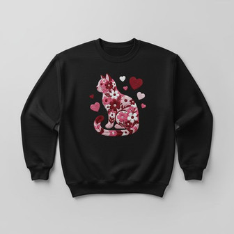 Cozy Floral Cat Embroidered Sweatshirt for Valentine's Day - Thegiftio UK