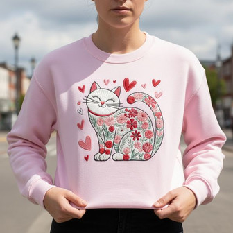 Feline Valentine Love Embroidered Sweatshirt Gift for Her - Thegiftio