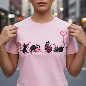 Heartfelt Embroidered Unisex T-shirt - Romantic Cat Valentine - Thegiftio UK