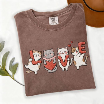 Joyful Cat Couple Valentine Embroidered Comfort Colors T-shirt - Thegiftio UK