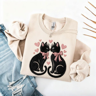 Romantic Feline Embrace Embroidered Sweatshirt for Valentine's Day - Thegiftio UK