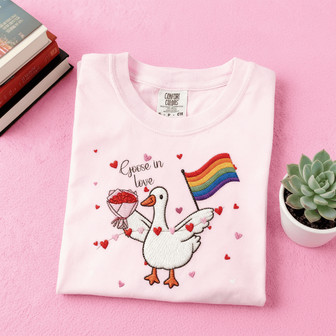 Whimsical Valentine Goose Embroidered Comfort Colors T-shirt Gift - Thegiftio UK