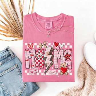 Adoring Valentine's Mom Heart Embroidered Comfort Colors T-shirt - Thegiftio