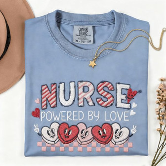 Love-Powered Nurse Embroidered Comfort Colors T-shirt Gift - Thegiftio UK
