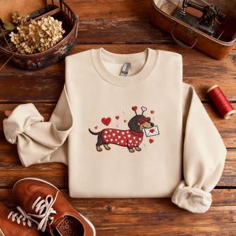 Adorable Dachshund Puppy Love Embroidered Valentine Sweatshirt - Thegiftio