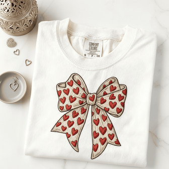 Charming Coquette Bow Embroidered Heart Comfort Colors T-shirt - Thegiftio UK