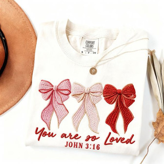Charming Embroidered Bow Comfort Colors Valentine T-shirt - Thegiftio UK