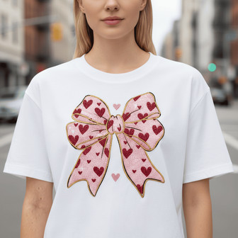 Coquette Embroidered Heart Bow Unisex T-shirt Valentine Charm - Thegiftio UK