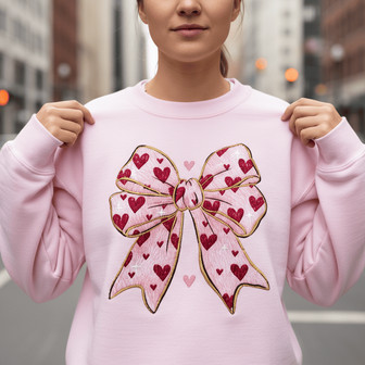 Embroidered Sweatshirt with Coquette Bow Heart for Valentine - Thegiftio UK