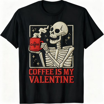 My Valentine is Coffee - Funny Skeleton Embroidered Unisex T-shirt - Thegiftio UK