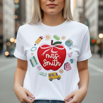 Custom Embroidered Unisex Teacher Tee with Preppy Apple Bow - Thegiftio UK