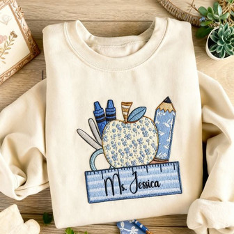 Custom Floral Apple Embroidered Sweatshirt for Teachers - Thegiftio