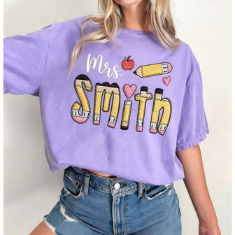 Embroidered Pencil Monogram Teacher Custom Comfort Colors Tee - Thegiftio
