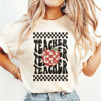 Groovy Embroidered Comfort Colors Teacher Disco Apple T-shirt - Thegiftio UK