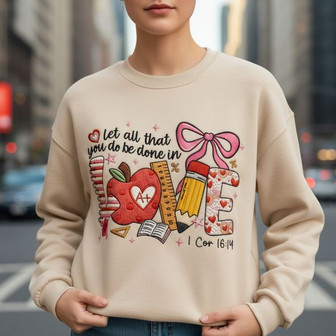Retro Apple Heart Valentine Teacher Embroidered Sweatshirt - Thegiftio UK
