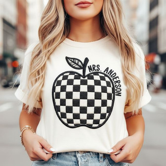 Retro Apple Name Shirt - Custom Teacher Comfort Colors Embroidery - Thegiftio UK