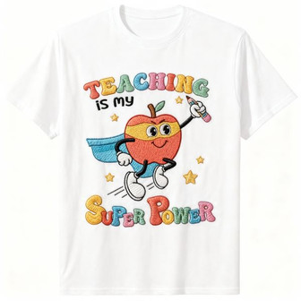 Teaching Is My Superpower Retro Apple Embroidered Unisex Tee - Thegiftio UK