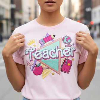 Vibrant Retro 90s School Spirit Embroidered T-shirt - Thegiftio UK