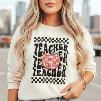 Groovy Retro Disco Apple Teacher Embroidered Sweatshirt Gift - Thegiftio