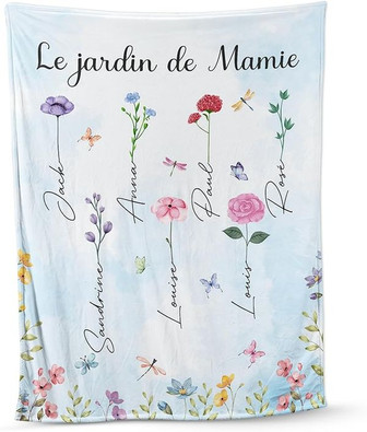 Cadeau Plus Plaid Personnalisé - Le Jardin De Maman - Plaid Mamie, Cadeau Personnalisé Mamie, Couverture PersonnaliséE, Couverture Personnalisée Maman (7 Enfants) - Cadeauxyz