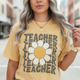 Bloom Into Learning! Daisy Teacher Embroidered Comfort Colors Tee - Thegiftio