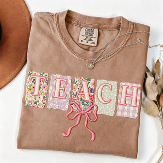 Coquette Bow Spring Floral Embroidered Comfort Colors Teacher Tee - Thegiftio