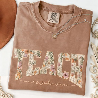 Floral Varsity Letter Embroidered Comfort Colors Teacher Shirt - Thegiftio UK