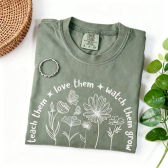 Grow with Love - Floral Embroidered Comfort Colors Teacher Tee - Thegiftio UK