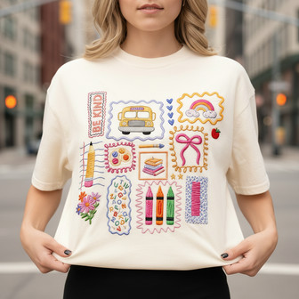 Pink Bow Coquette Doodle Embroidered Comfort Colors School Tee - Thegiftio UK