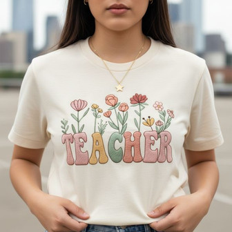 Wildflower Garden Embroidered Comfort Colors Teacher Tee - Thegiftio UK