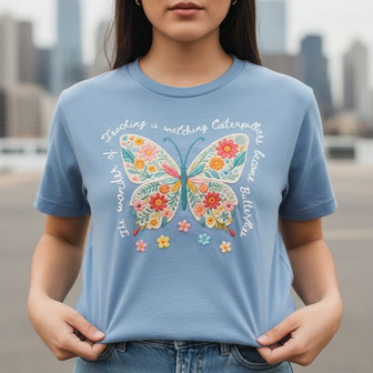 The Wonder of Teaching Comfort Colors Butterfly Embroidered Tee - Thegiftio UK