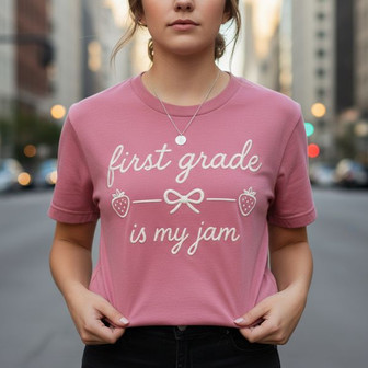 First Grade Jam Teacher Embroidered Comfort Colors T-shirt - Thegiftio