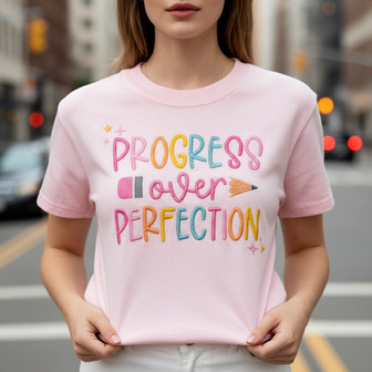 Progress Over Perfection Teacher Embroidered Comfort Colors T-shirt - Thegiftio UK