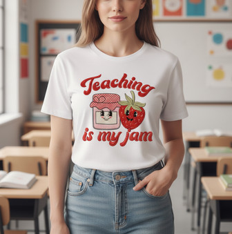 Sweet Strawberry Embroidered Teacher T-shirt - Teaching is My Jam - Thegiftio