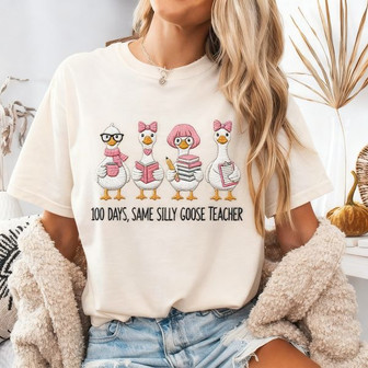Celebrating 100 Days Teacher Embroidered Comfort Colors T-shirt - Thegiftio