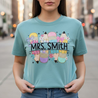 Teacher Embroidered Comfort Colors T-shirt Personalized Pencil - Thegiftio