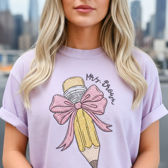 Custom Coquette Embroidered Comfort Colors T-shirt Teacher Gift - Thegiftio