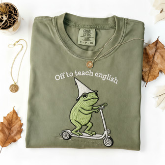 English Frog Scooter Teacher Embroidered Comfort Colors T-shirt - Thegiftio