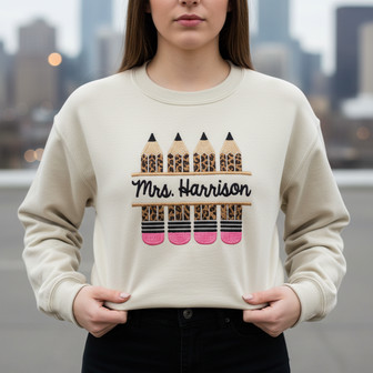 Leopard Print Pencils - Custom Embroidered Teacher Sweatshirt - Thegiftio