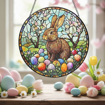 Colorful Easter Bunny Stained Glass Suncatcher Spring Window Decor - Thegiftio