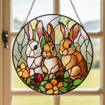 Easter Rabbit Family Stained Glass Suncatcher Mosaic Nursery Art - Thegiftio