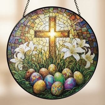 Faithful Cross and Lily Stained Glass Suncatcher Easter Hope - Thegiftio