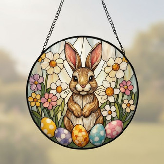 Floral Easter Bunny Stained Glass Suncatcher with Colorful Eggs - Thegiftio