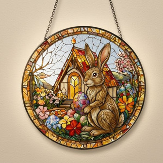 Floral Easter Bunny Stained Glass Suncatcher Enchanting Spring - Thegiftio